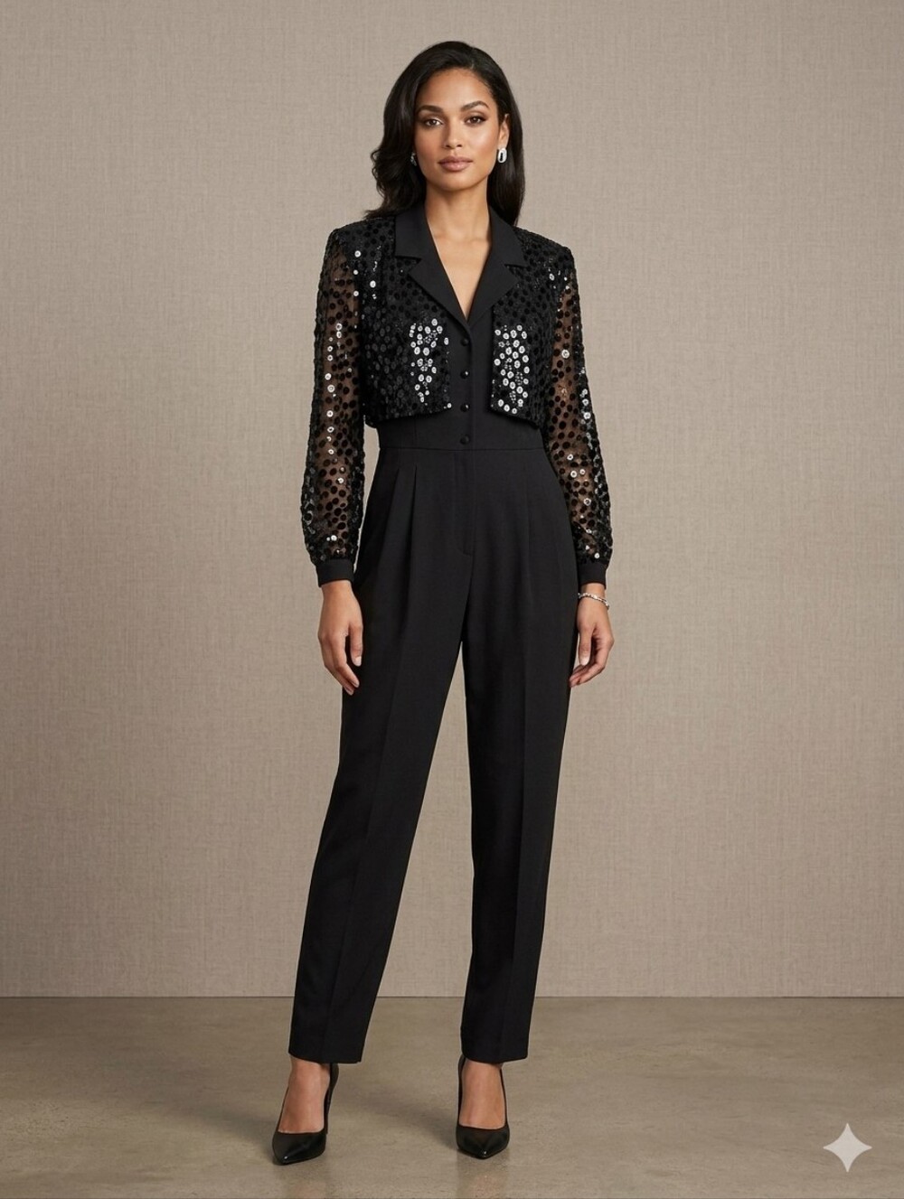 Vintage John Roberts Black Sequin-Sleeve Jumpsuit